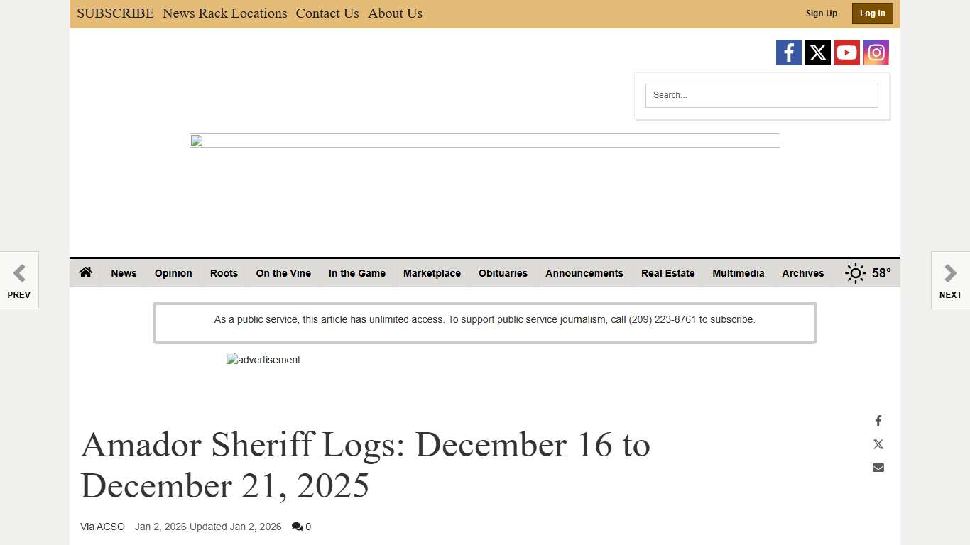 Amador Sheriff Logs: December 16 to December 21, 2025 News ledger.news
